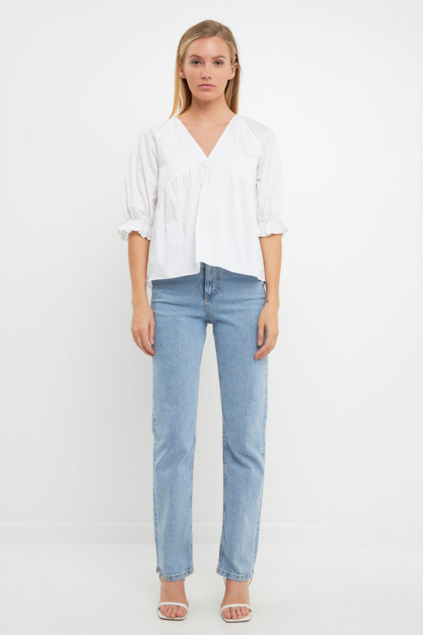 english factory Tiered V Neck Top With Ruffle Sleeves WHITE