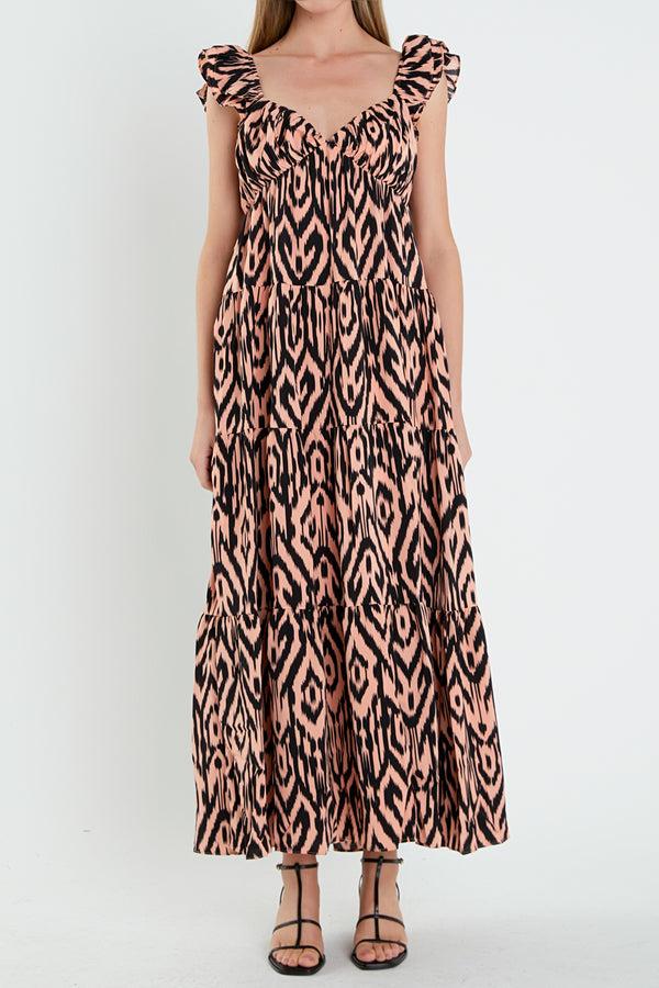 English Factory Tiger Print Ruffle Sleeve Maxi Dress CORAL