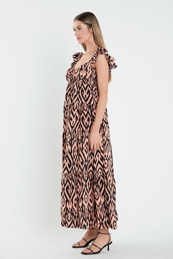 English Factory Tiger Print Ruffle Sleeve Maxi Dress CORAL