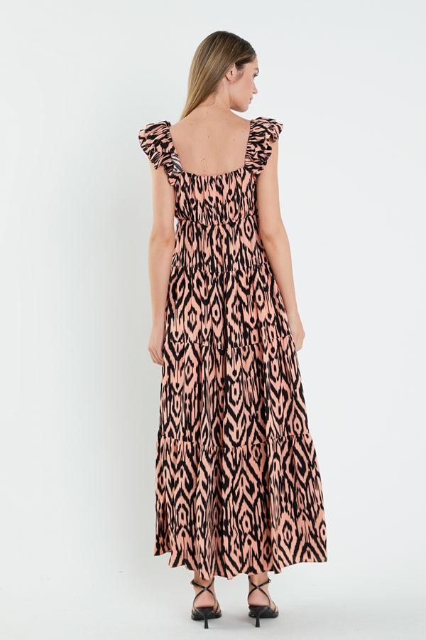 English Factory Tiger Print Ruffle Sleeve Maxi Dress CORAL
