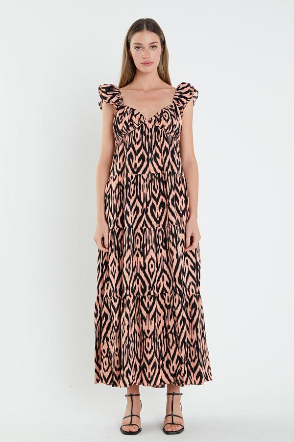 english factory Tiger Print Ruffle Sleeve Maxi Dress CORAL