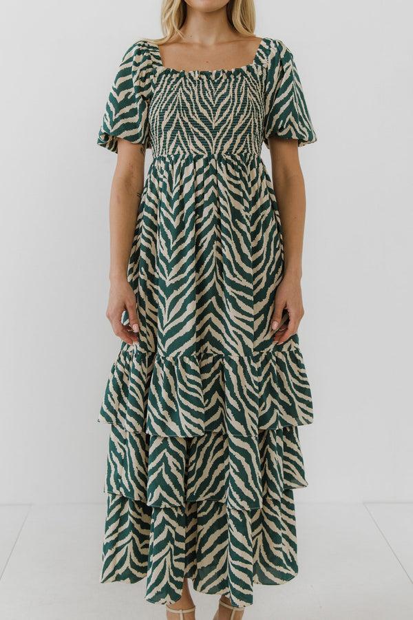 English Factory Tiger Print Smocked Midi Dress IVORY/GREEN