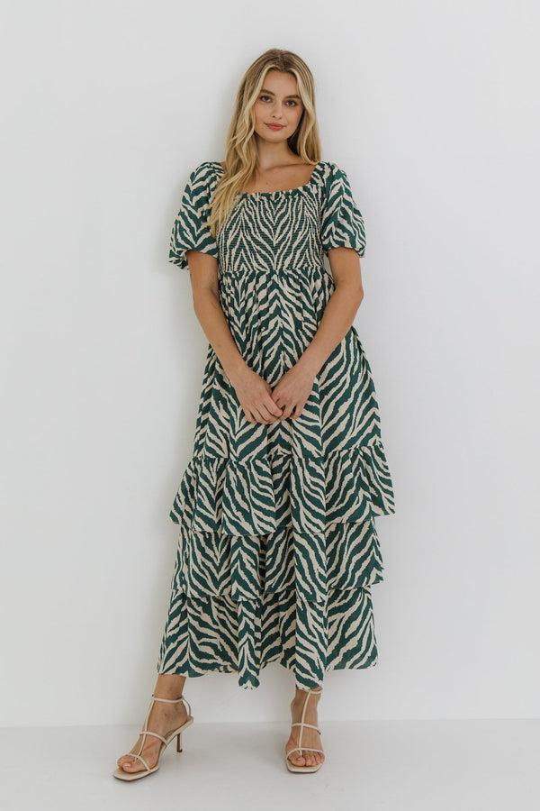 English Factory Tiger Print Smocked Midi Dress IVORY/GREEN