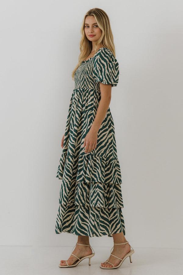 English Factory Tiger Print Smocked Midi Dress IVORY/GREEN