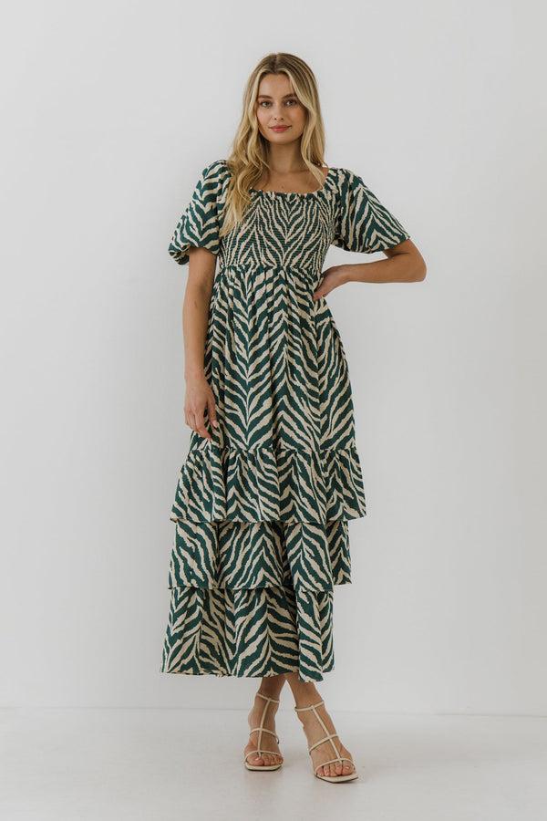 english factory Tiger Print Smocked Midi Dress IVORY/GREEN