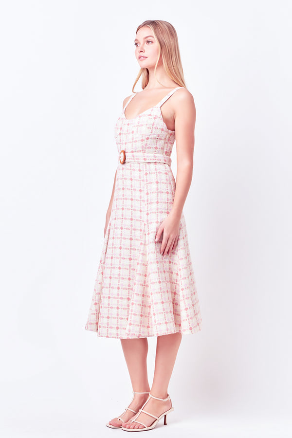 English Factory Tweed Bustier Flared Midi Dress PINK MULTI