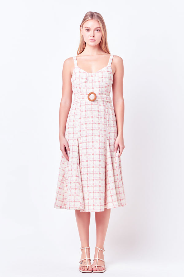 english factory Tweed Bustier Flared Midi Dress PINK MULTI