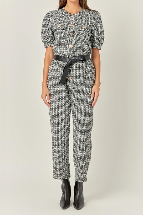 English Factory Tweed Puff Sleeve Jumpsuit BLACK/WHITE