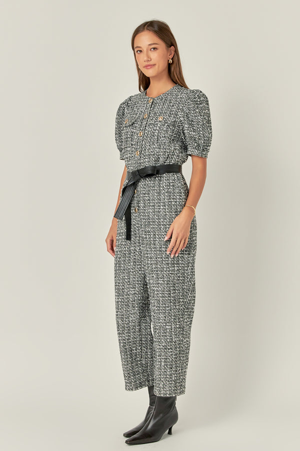 English Factory Tweed Puff Sleeve Jumpsuit BLACK/WHITE