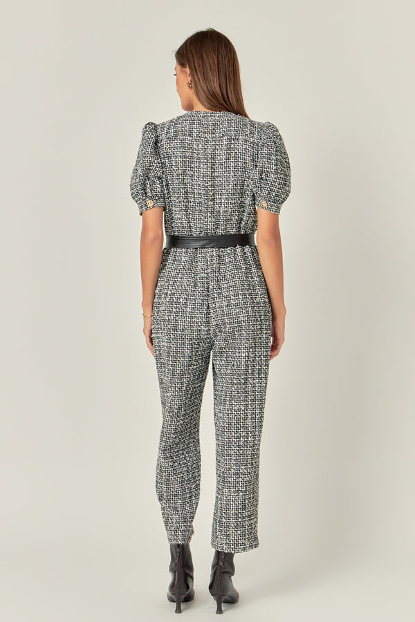 English Factory Tweed Puff Sleeve Jumpsuit BLACK/WHITE