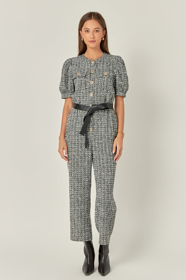 english factory Tweed Puff Sleeve Jumpsuit BLACK/WHITE