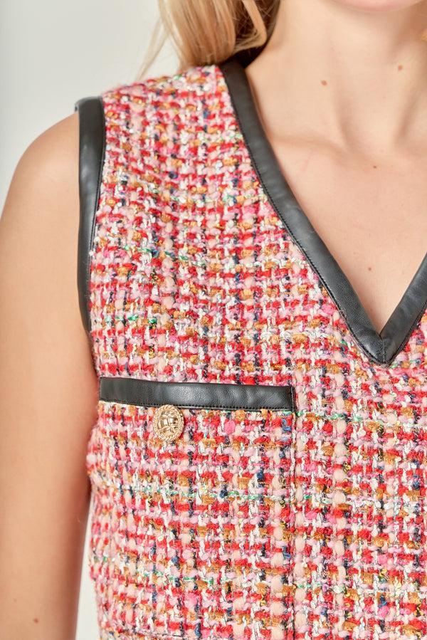 English Factory Tweed Vest With Faux Leather Trim MULTI