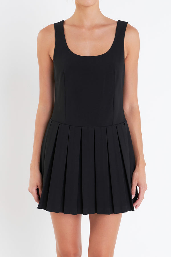 English Factory U-Neck Pleated Sleeveless Mini Dress BLACK