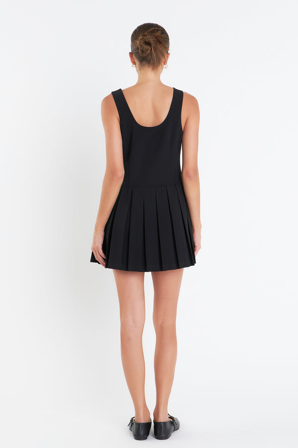 English Factory U-Neck Pleated Sleeveless Mini Dress BLACK