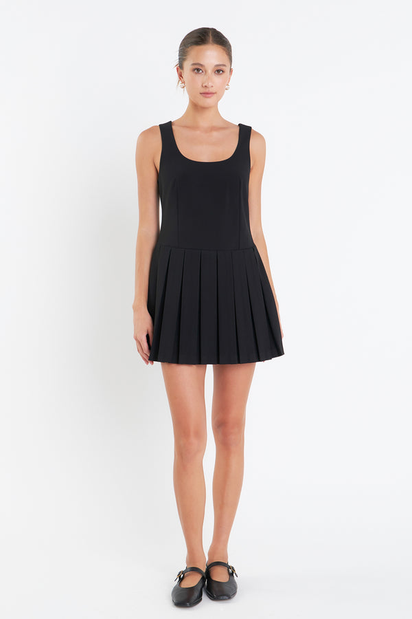english factory U-Neck Pleated Sleeveless Mini Dress BLACK