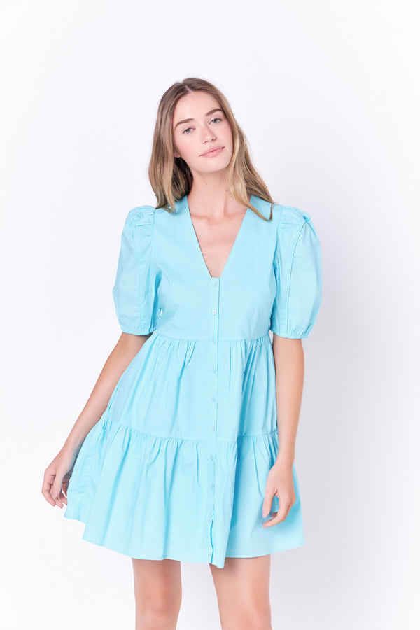 English Factory V-neck Button Down Babydoll Dress BLUE