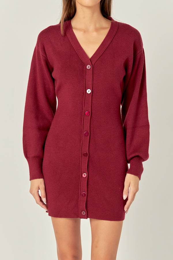 English Factory V-Neck Cardigan Mini Knit Dress BURGUNDY
