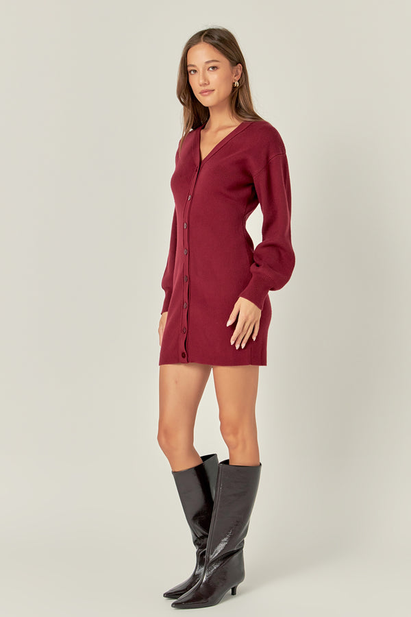 English Factory V-Neck Cardigan Mini Knit Dress BURGUNDY