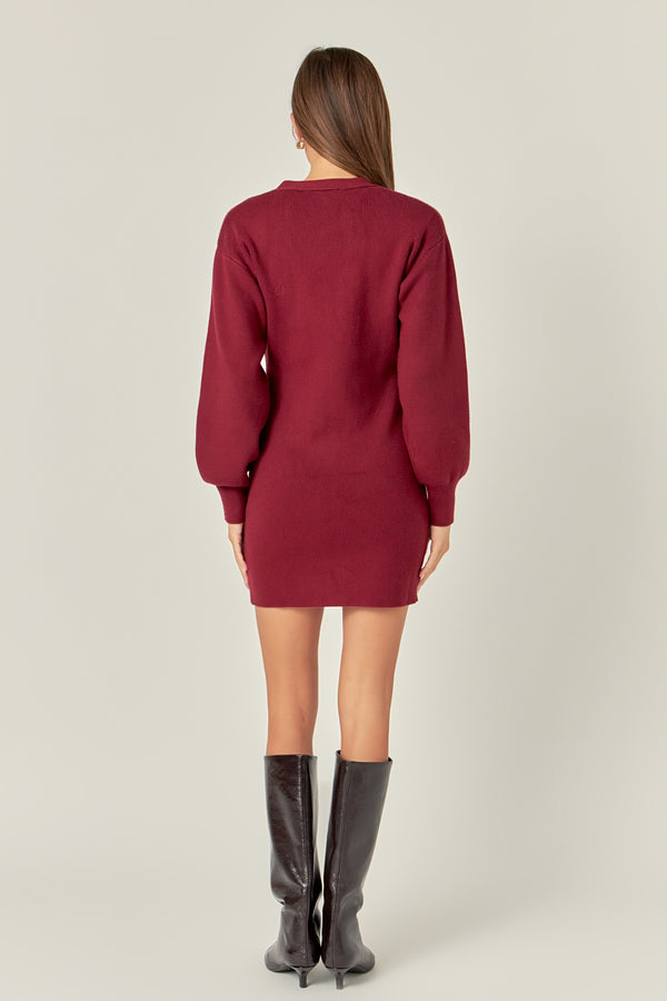 English Factory V-Neck Cardigan Mini Knit Dress BURGUNDY