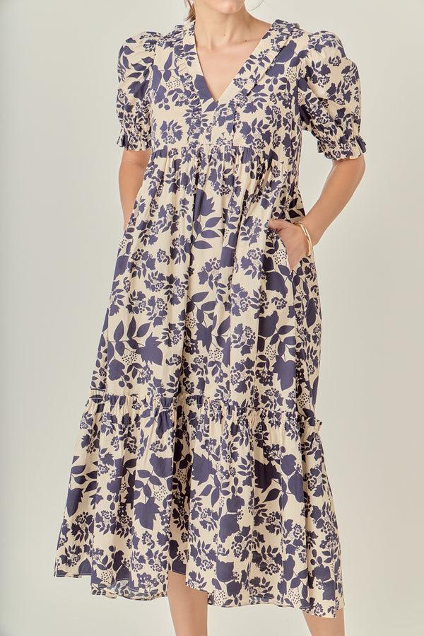English Factory V-Neck Floral Puff Sleeve Tiered Midi Dress CREAM/NAVY