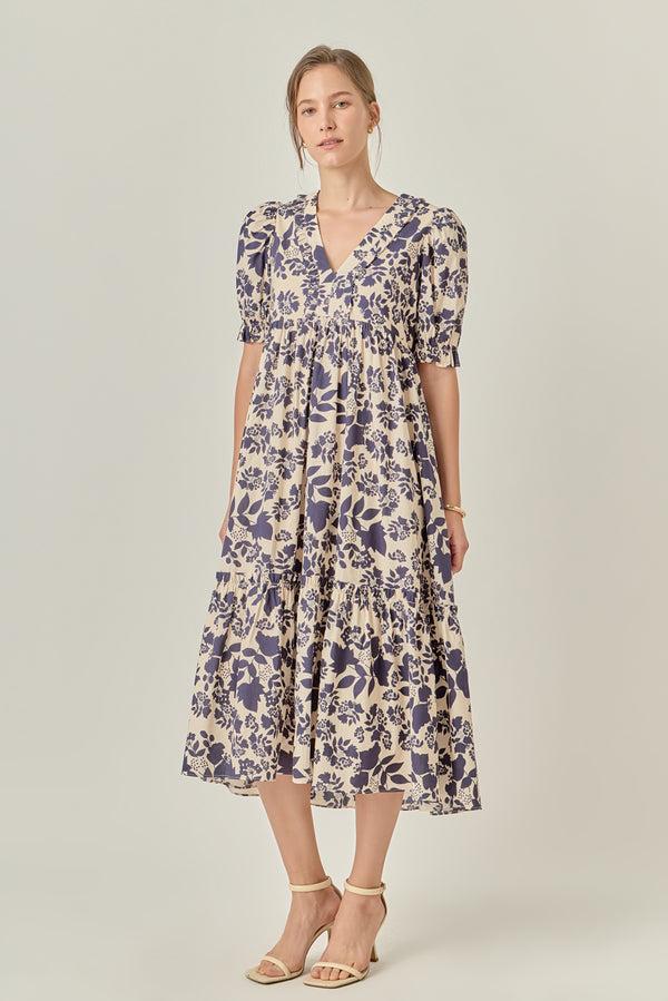 English Factory V-Neck Floral Puff Sleeve Tiered Midi Dress CREAM/NAVY