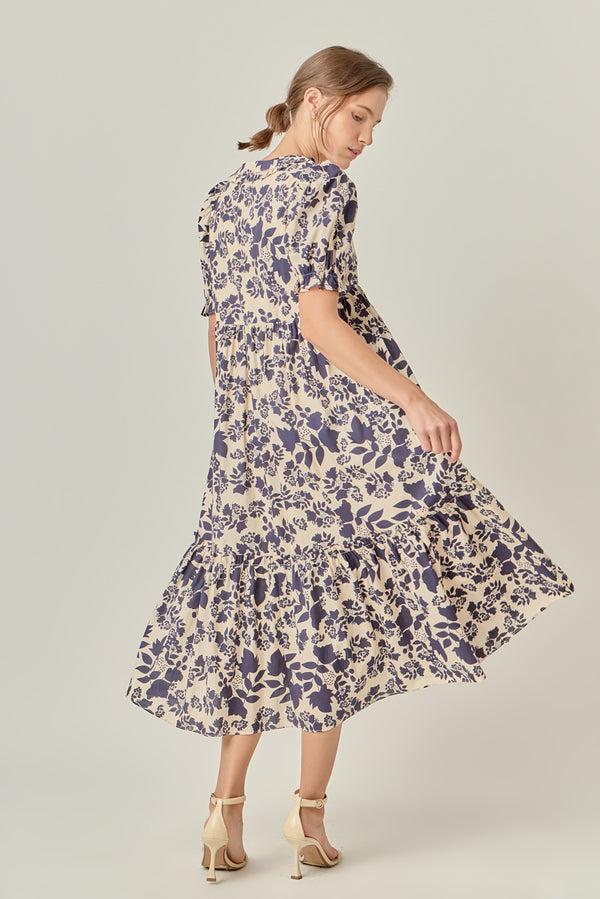 English Factory V-Neck Floral Puff Sleeve Tiered Midi Dress CREAM/NAVY