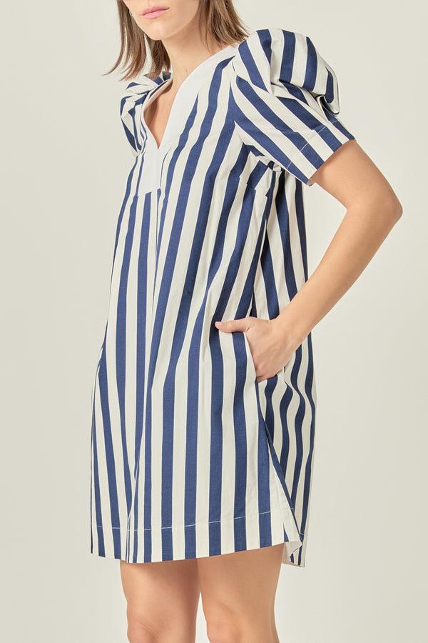 English Factory V-neck Puffy Sleeves Dress NAVY/WHITE