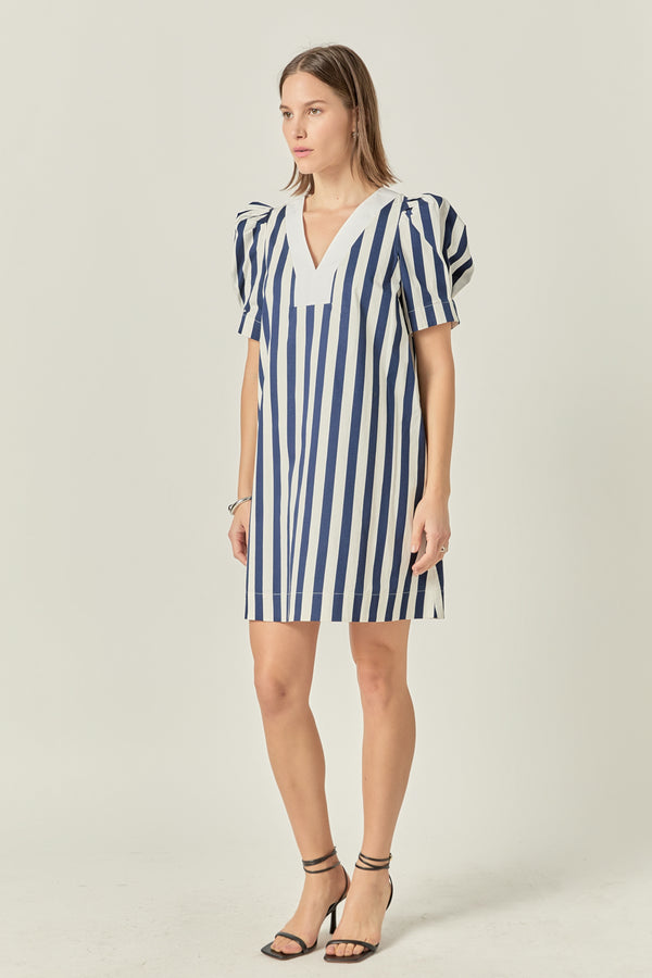 English Factory V-neck Puffy Sleeves Dress NAVY/WHITE