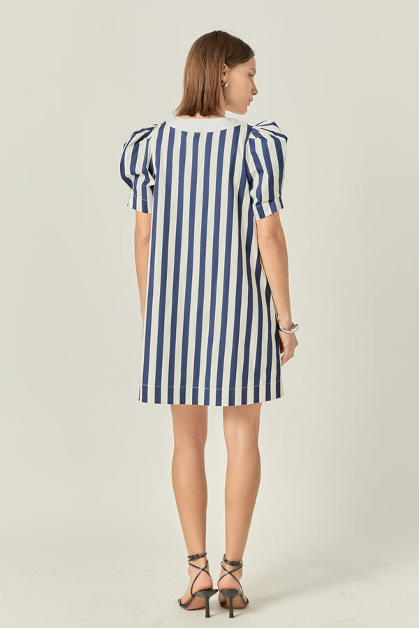 English Factory V-neck Puffy Sleeves Dress NAVY/WHITE