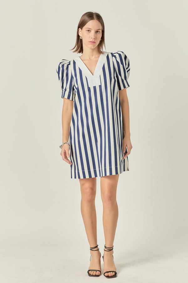 english factory V-neck Puffy Sleeves Dress NAVY/WHITE