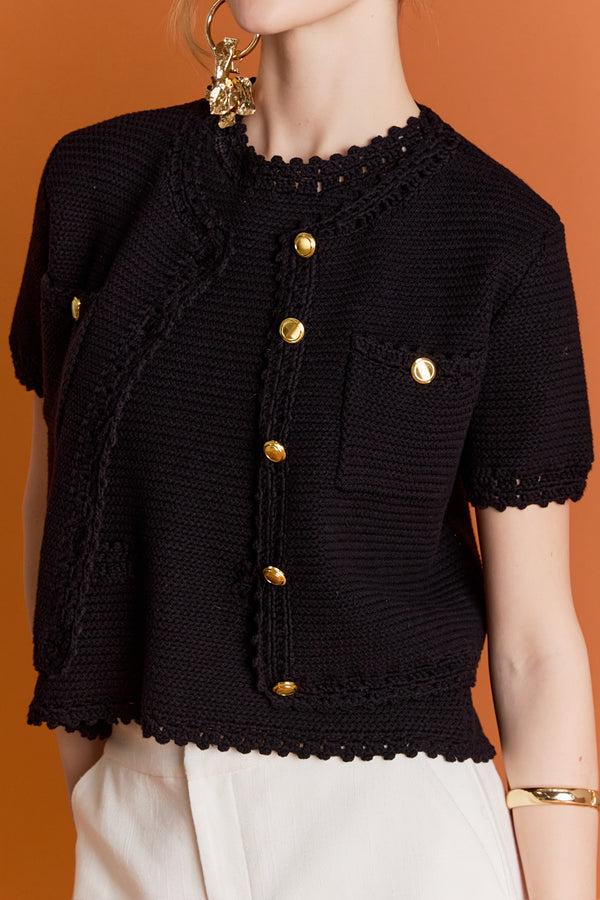 English Factory Vivienne Short Sleeve Textured Cardigan BLACK