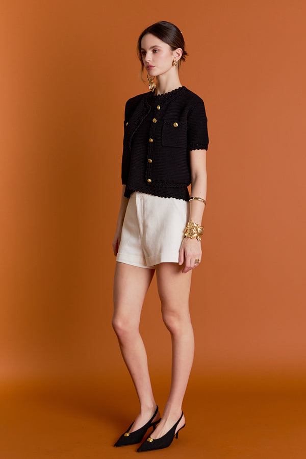 English Factory Vivienne Short Sleeve Textured Cardigan BLACK