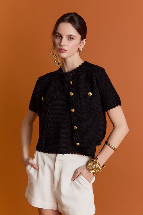 english factory Vivienne Short Sleeve Textured Cardigan BLACK