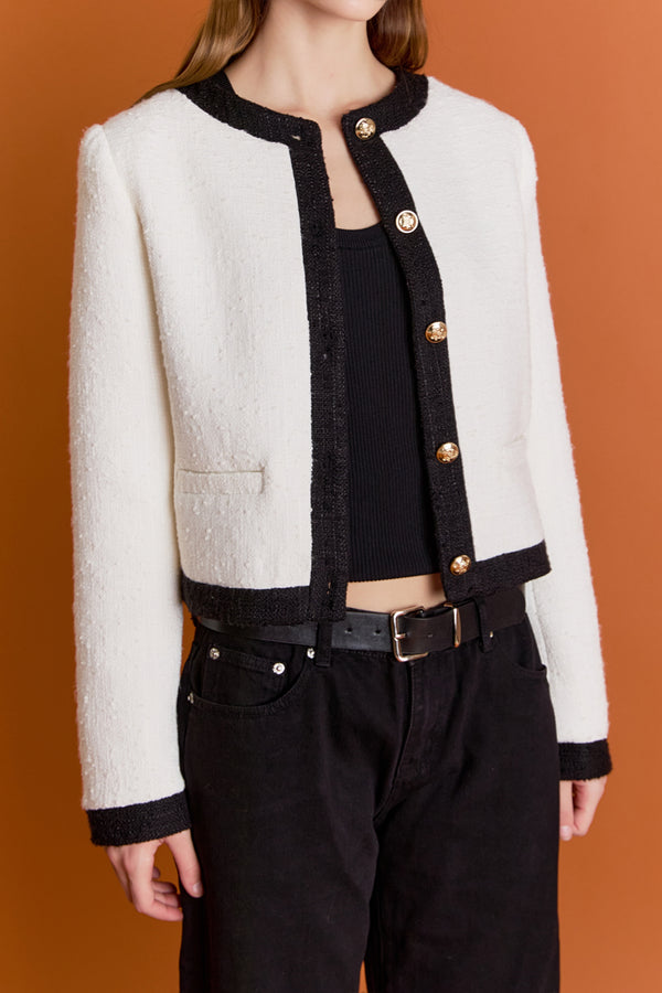 English Factory White And Black Collarless Tweed Jacket WHITE/BLACK