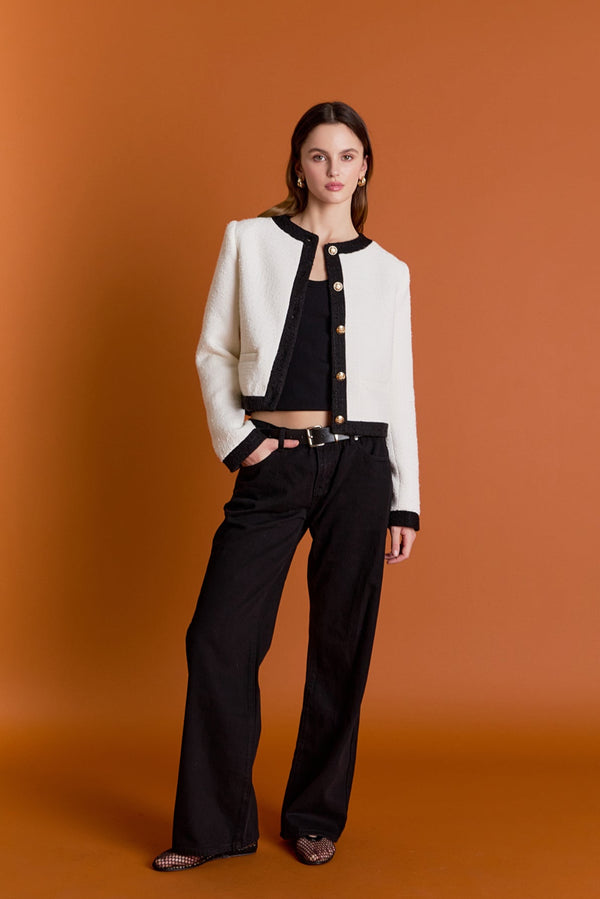 english factory White and Black Collarless Tweed Jacket WHITE/BLACK