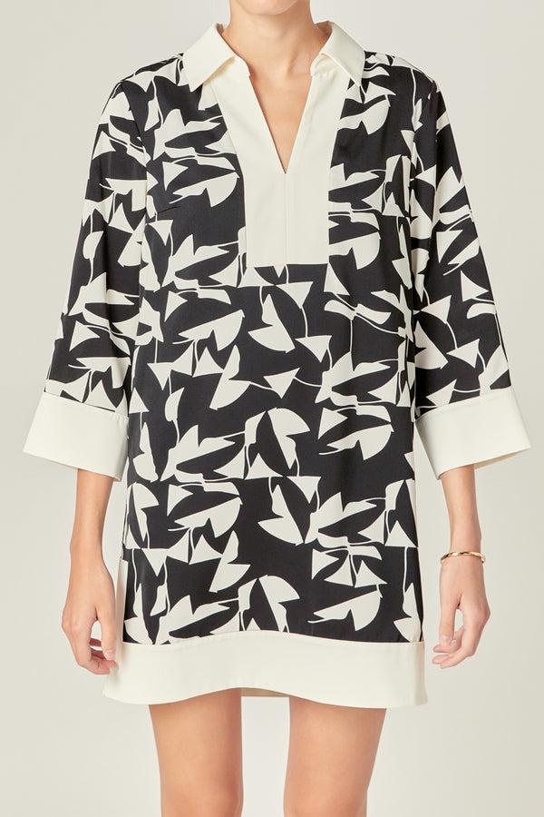 English Factory White And Black Printed Tunic Dress BLACK/IVORY