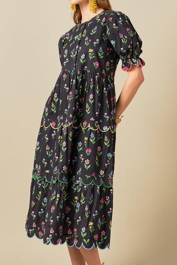 English Factory Wisteria Scalloped Midi Dress BLACK