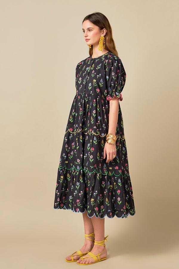 English Factory Wisteria Scalloped Midi Dress BLACK