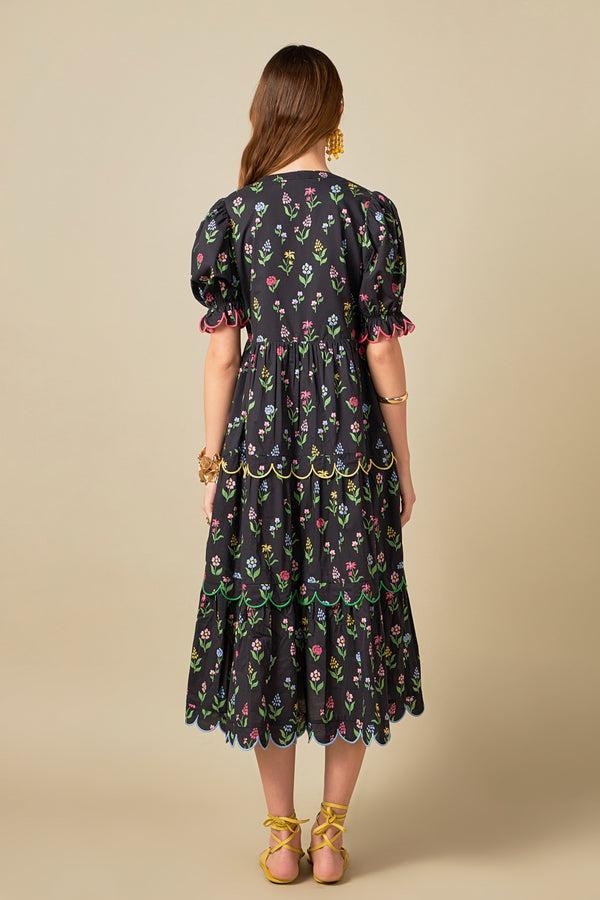 English Factory Wisteria Scalloped Midi Dress BLACK