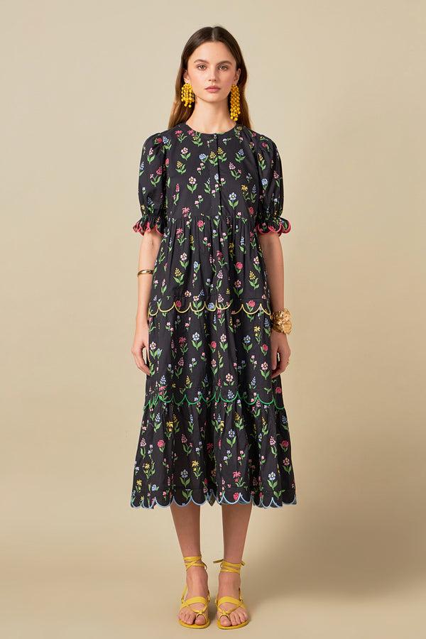 english factory Wisteria Scalloped Midi Dress BLACK