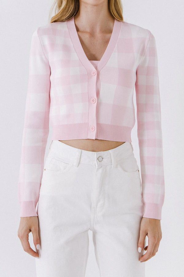 English Factory Women Gingham Knit Cardigan PINK/WHITE