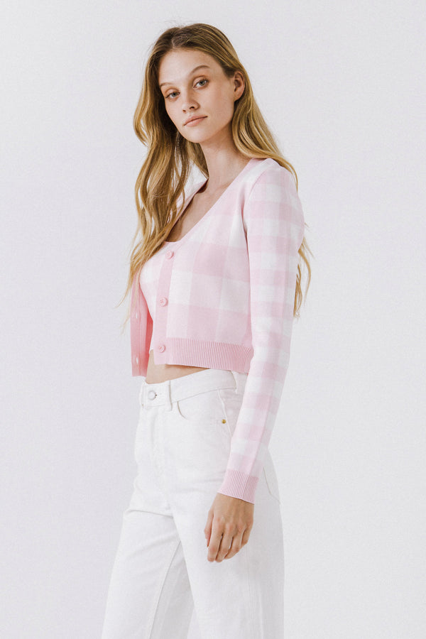 English Factory Women Gingham Knit Cardigan PINK/WHITE