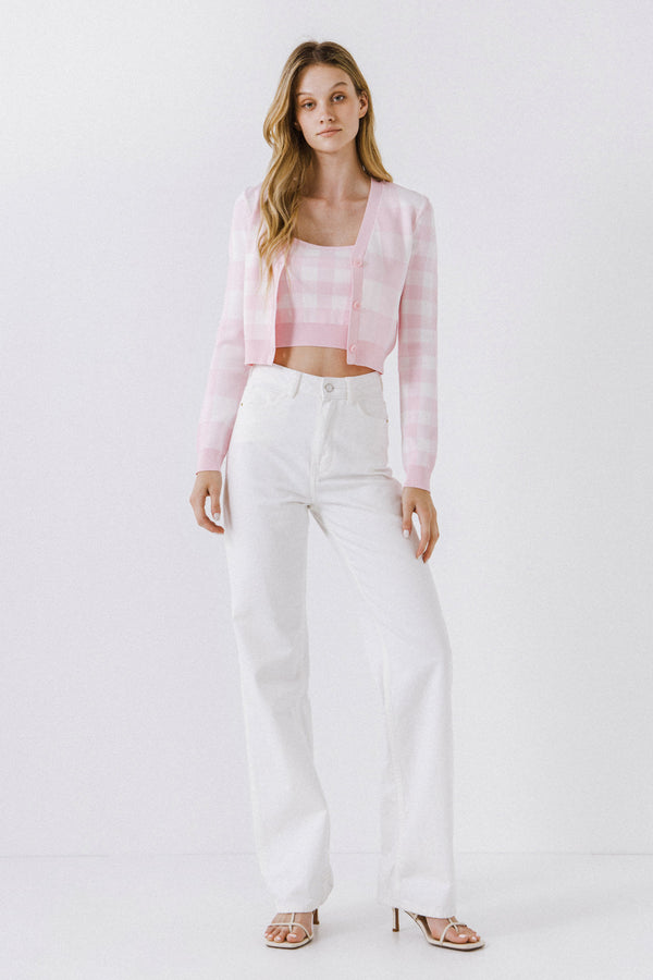 english factory Women Gingham Knit Cardigan PINK/WHITE