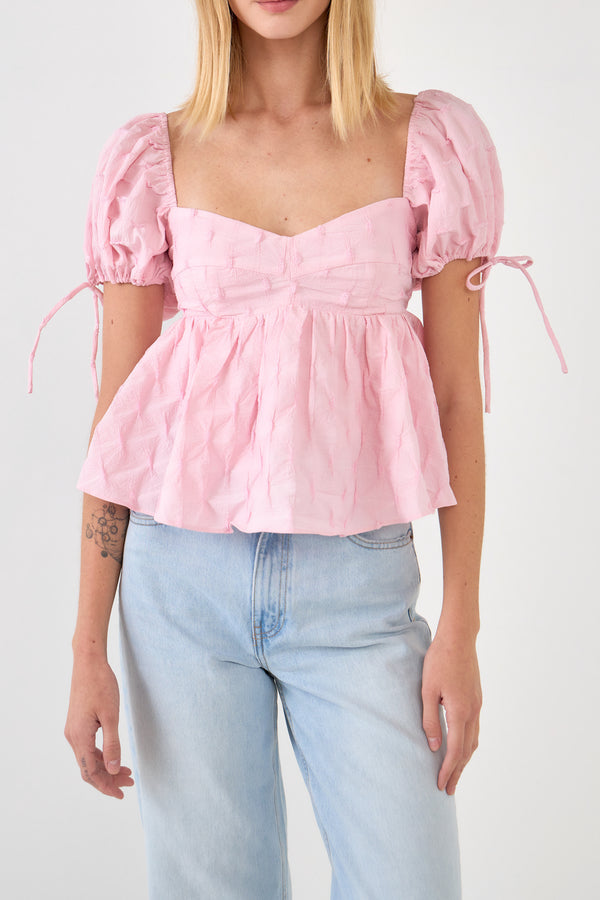 English Factory Women's Woven Puff Sleeve Peplum Blouse PINK