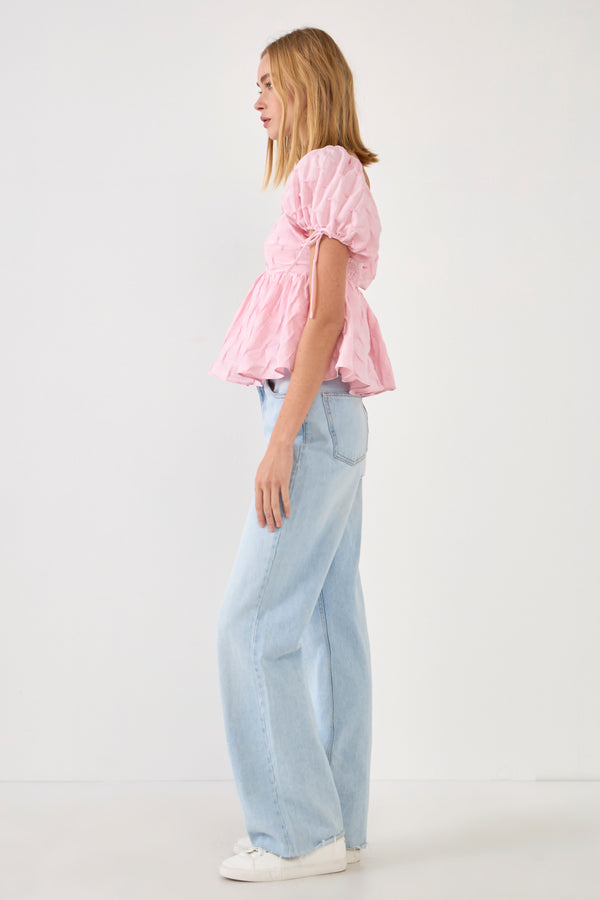 English Factory Women's Woven Puff Sleeve Peplum Blouse PINK