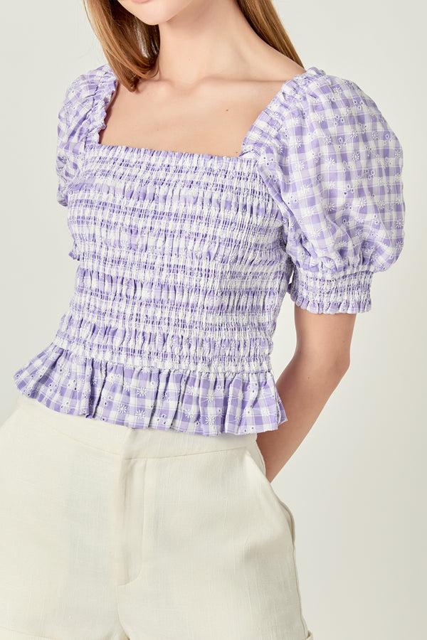 English Factory Women's Woven Square Neck Gingham Blouse PURPLE