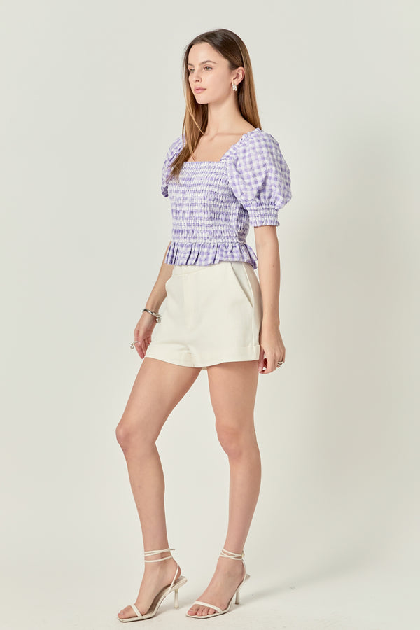 English Factory Women's Woven Square Neck Gingham Blouse PURPLE