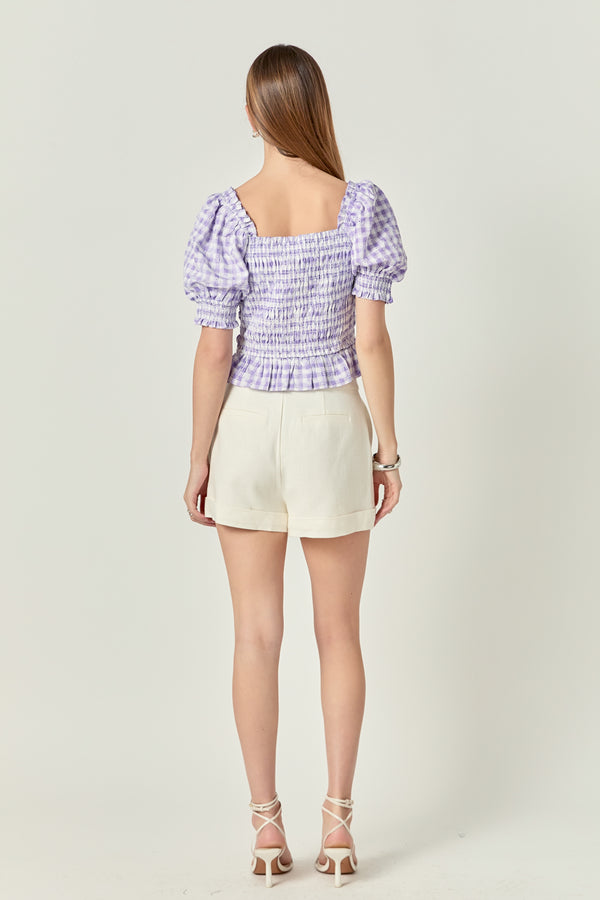 English Factory Women's Woven Square Neck Gingham Blouse PURPLE