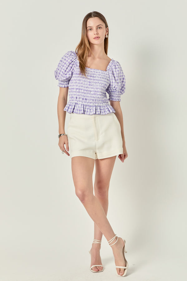 english factory Women's Woven Square Neck Gingham Blouse PURPLE