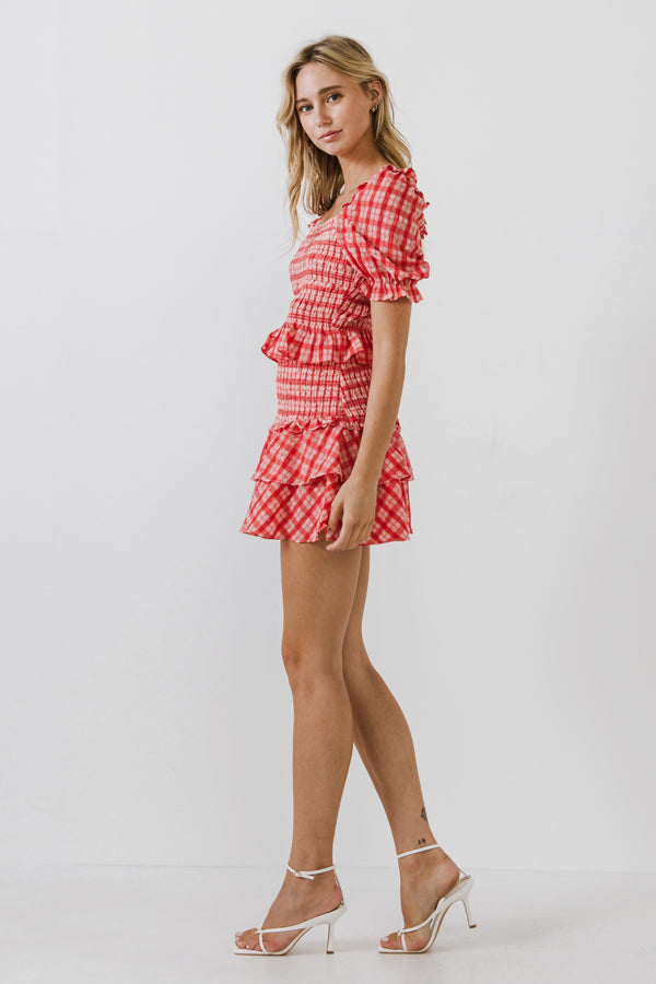 English Factory Women's Woven Square Neck Plaid Blouse RED